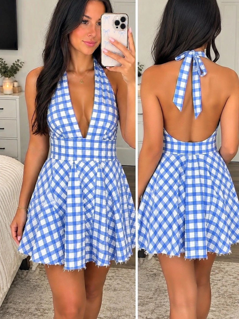 Free People Gingham Halter Mini Dress in Blue & White Size 8